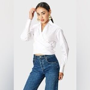 Milly Cropped Wrap Blouse, Long Sleeve, Cuffed, White, Size 8